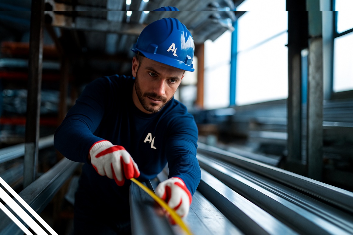 Trabajador de aluminio midiendo perfiles